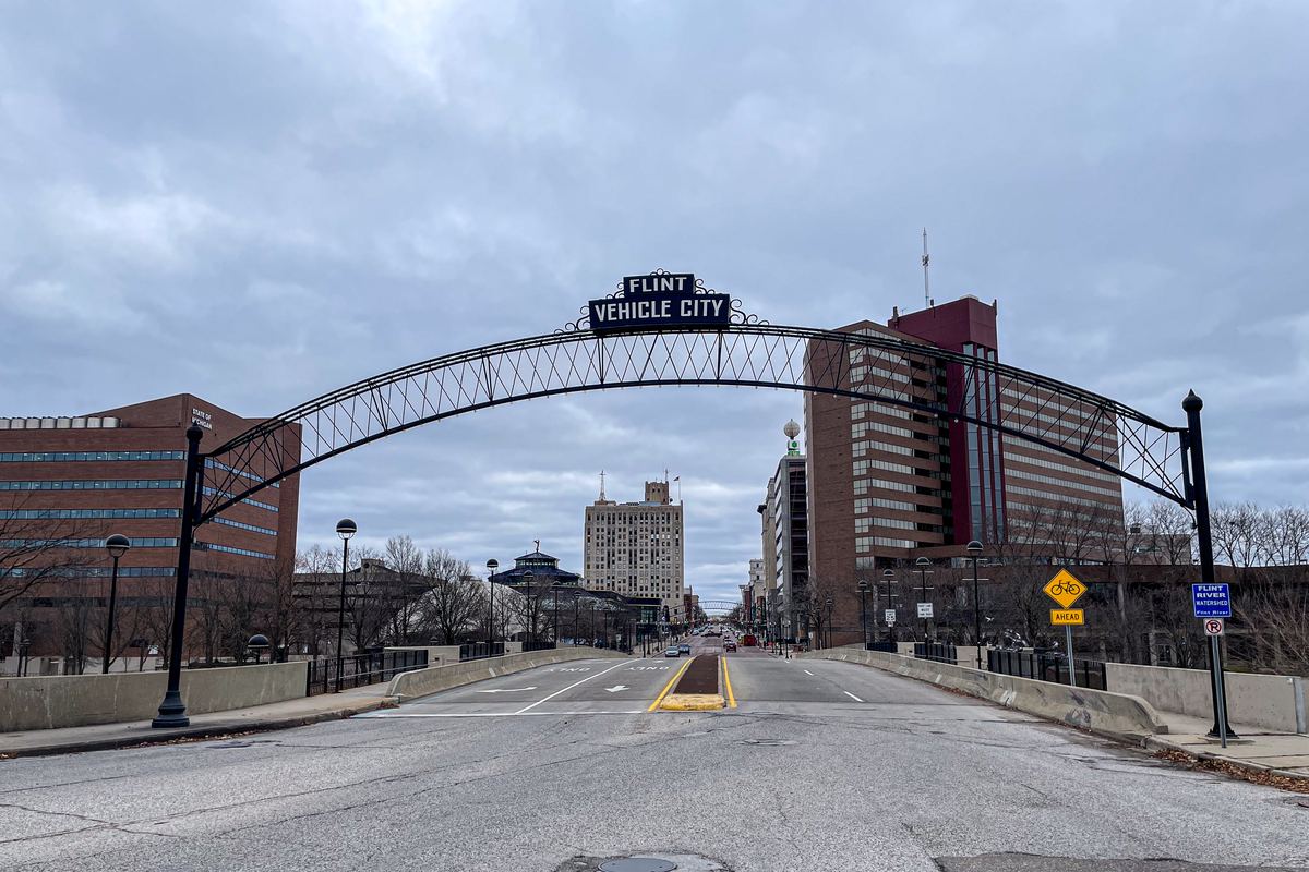 The Flint Vehicle City arch over Saginaw Street in downtown Flint, Michigan